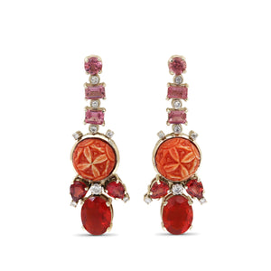Luxury Pink Tourmaline Carved Red Coral Fire Opal and Diamond 0.31ct Earrings in 18K White Gold