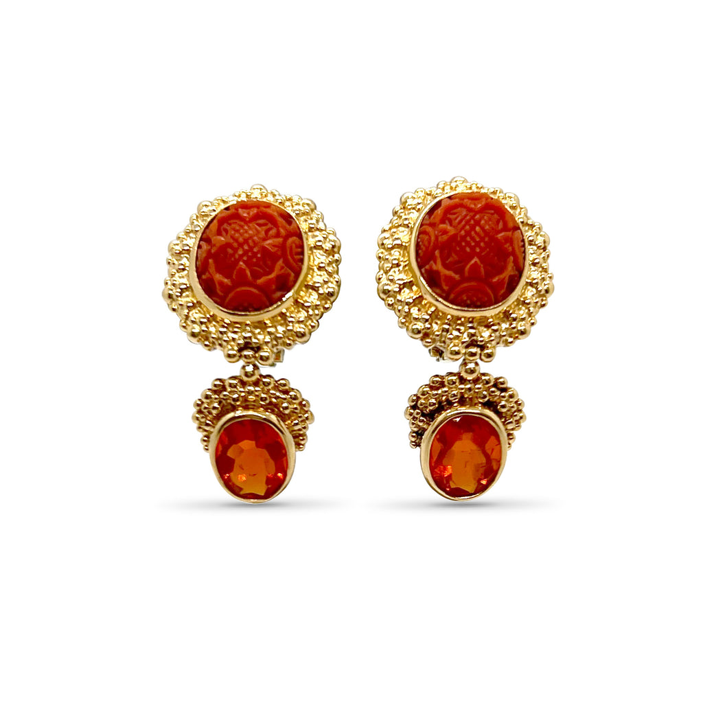 Luxury Hand Carved Coral And Fire Opal Earrings in 18K Gold
