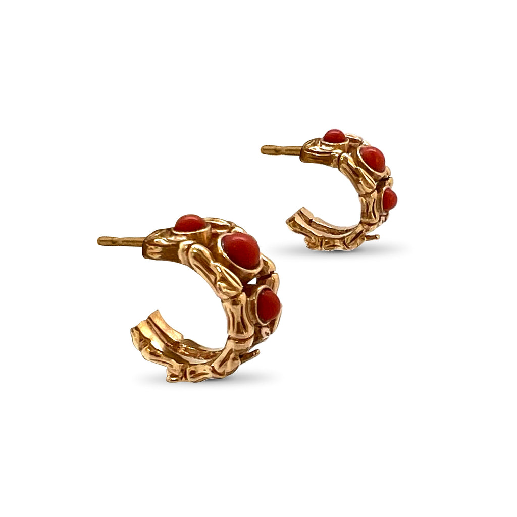 Luxury Coral Cabochon Hoop Earrings in 18K Gold