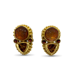 Luxury Natural Quartz Mother of Pearl Citrine and Garnet Earrings in 18K Gold