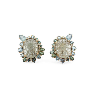 Luxury Hand Carved Tourmaline 18.3ct Aquamarine 4.9ct Green Tourmaline 2.2ct and Diamond 0.3ct Earring in 18K Gold