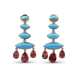 Luxury Turquoise 13ct Pink Tourmaline 10ct and Diamond 0.25ct Earring in 18K Gold