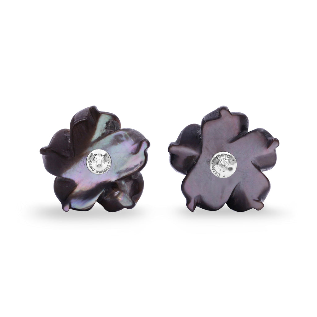 Luxury Hand Carved Dark Champagne Mother of Pearl and Diamond Earrings in 18K White Gold