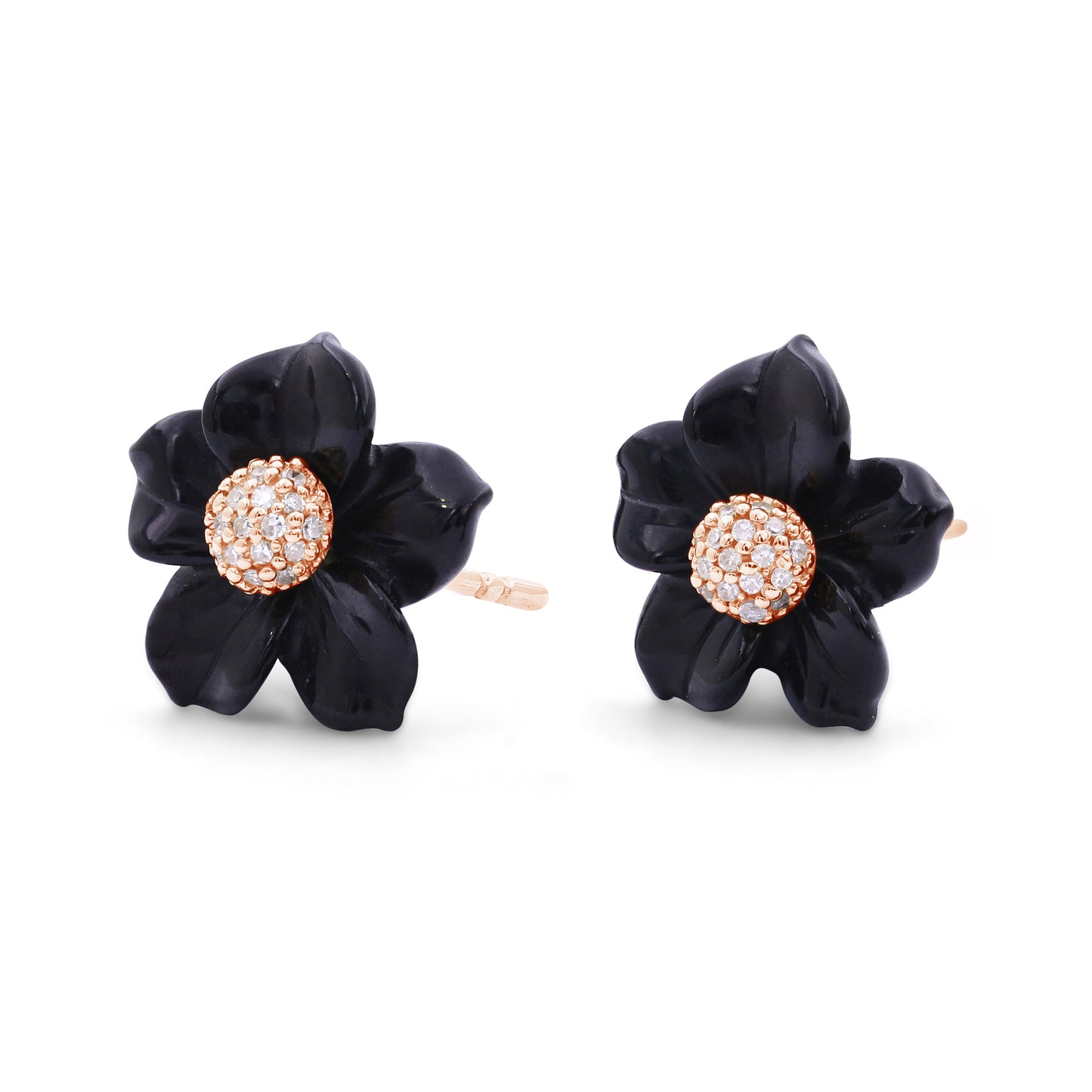 Luxury Hand Carved Black Mother of Pearl and Diamond Earrings in 18K Rose Gold
