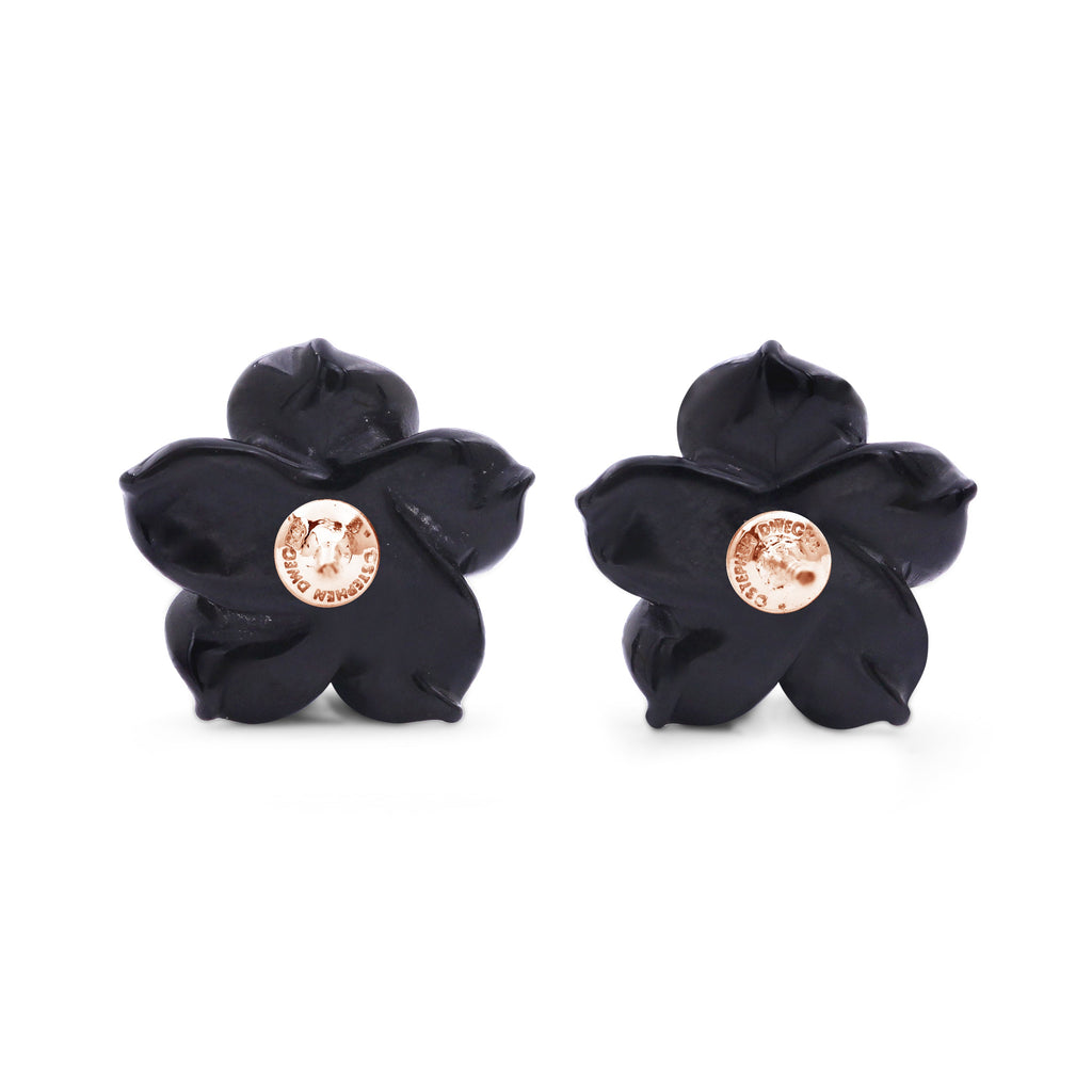 Luxury Hand Carved Black Mother of Pearl and Diamond Earrings in 18K Rose Gold