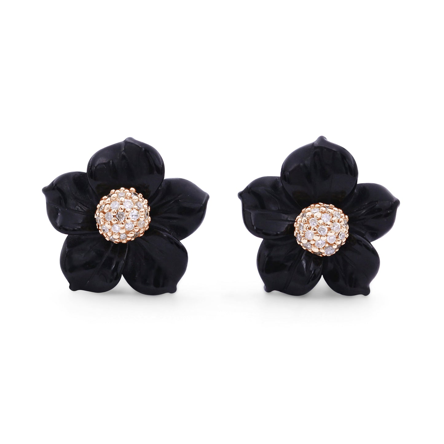 Luxury Hand Carved Black Mother of Pearl and Diamond Earrings in 18K Rose Gold