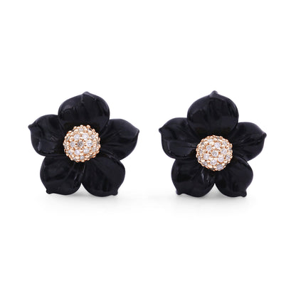 Luxury Hand Carved Black Mother of Pearl and Diamond Earrings in 18K Rose Gold