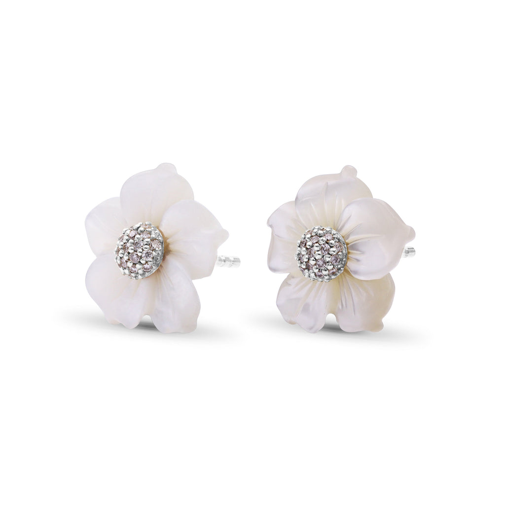 Luxury Hand Carved Mother of Pearl and Diamond Earrings in 18K White Gold