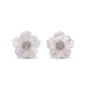 Luxury Hand Carved Mother of Pearl and Diamond Earrings in 18K White Gold