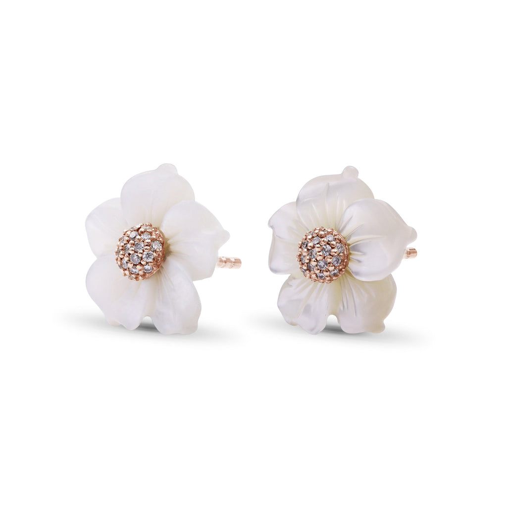 Luxury Hand Carved Mother of Pearl and Diamond Earring in 18K Rose Gold