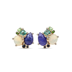 Luxury Tanzanite 15.5ct Emerald 3.1ct Opal 4.4ct Blue Sapphire Tsavorite Chrome Diopside and Diamond 0.20ct Earring in 18K Gold