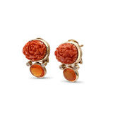 Luxury Hand Carved Coral 18ct Fire Opal 3.8ct and Diamond 0.15ct Earring in 18K Gold