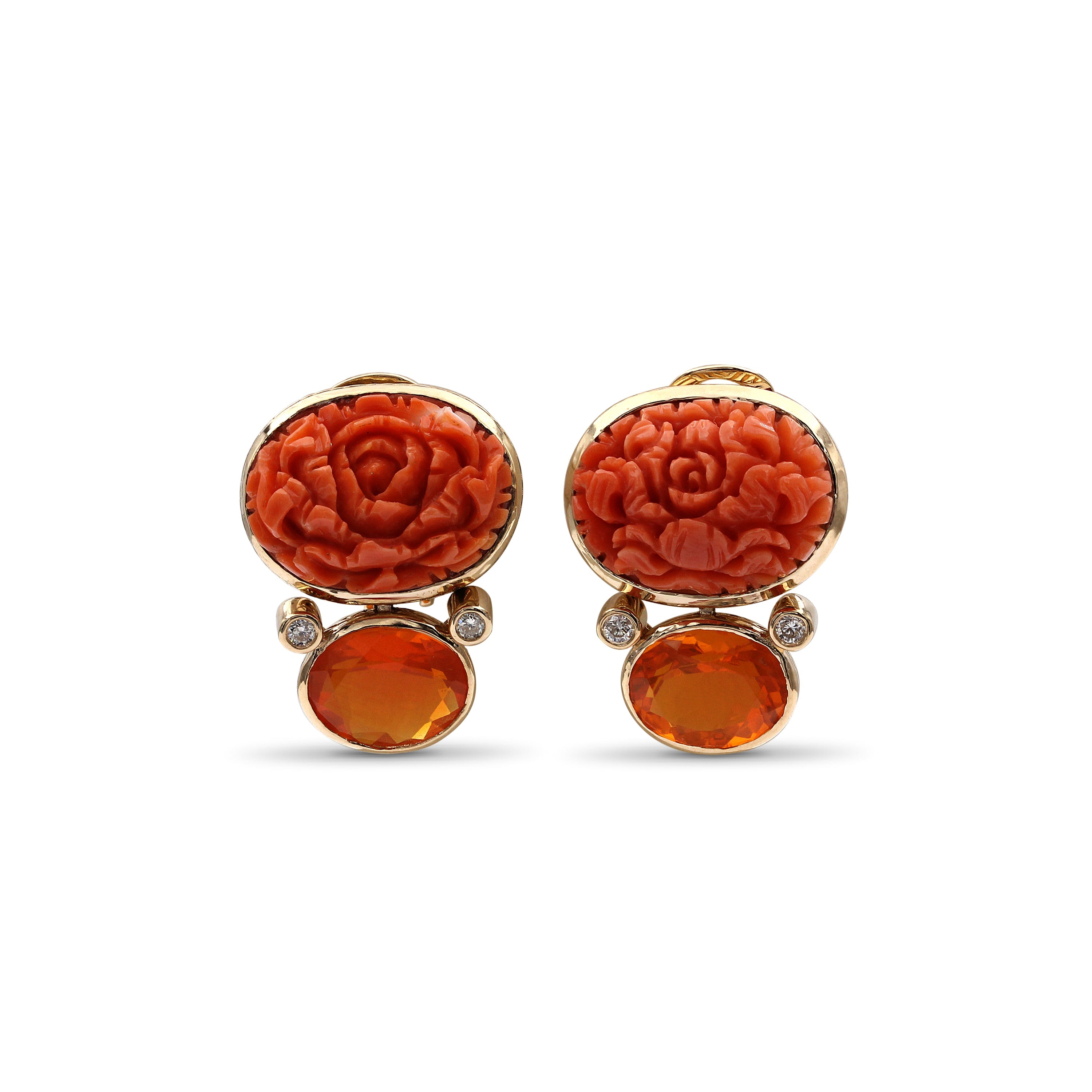 Luxury Hand Carved Coral 18ct Fire Opal 3.8ct and Diamond 0.15ct