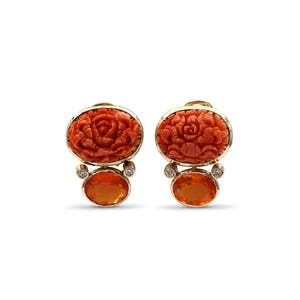 Luxury Hand Carved Coral 18ct Fire Opal 3.8ct and Diamond 0.15ct Earring in 18K Gold