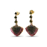 Luxury Hand Carved Watermelon Tourmaline 48ct Green Tourmaline 3.25ct and Diamond 0.25ct Earring in 18K Gold