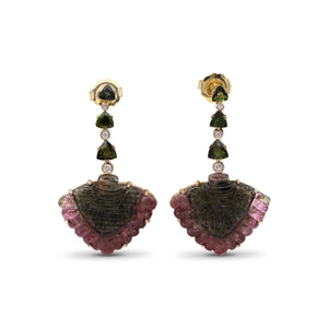 Luxury Hand Carved Watermelon Tourmaline 48ct Green Tourmaline 3.25ct and Diamond 0.25ct Earring in 18K Gold