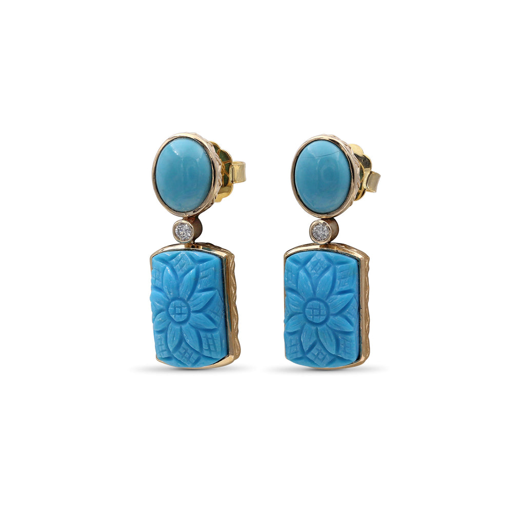 Luxury Hand Carved and Smooth Turquoise 21ct and Diamond 0.12ct Earring in 18K Gold