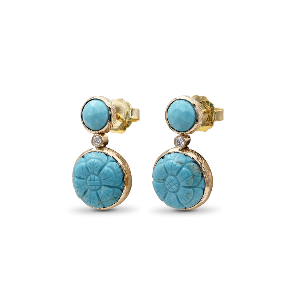Luxury Hand Carved and Faceted Turquoise 9.3ct and Diamond 0.12ct Earring in 18K Gold