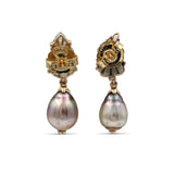 Luxury Carved Tourmaline Southsea Tihitian Pearl and White Diamond Earring in 18k gold