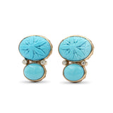 Luxury Hand Carved and Smooth Turquoise 19ct and Diamond 0.10ct Earring in 18K Gold