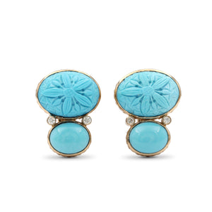 Luxury Hand Carved and Smooth Turquoise 19ct and Diamond 0.10ct Earring in 18K Gold