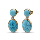 Luxury Hand Carved and Smooth Turquoise 19.4ct and Diamond 0.12ct Earring in 18K Gold