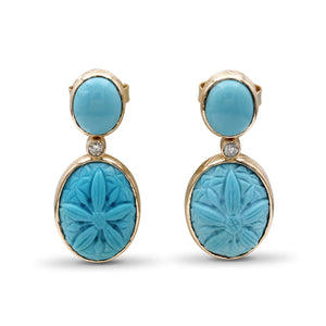 Luxury Hand Carved and Smooth Turquoise 19.4ct and Diamond 0.12ct Earring in 18K Gold