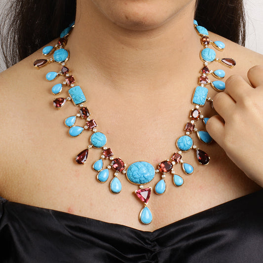 Luxury Hand Carved and Sleeping Beauty Turquoise 137ct Pink Tourmaline 64ct and Diamond 2.60ct Necklace in 18K Gold