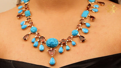 Luxury Hand Carved and Sleeping Beauty Turquoise 137ct Pink Tourmaline 64ct and Diamond 2.60ct Necklace in 18K Gold