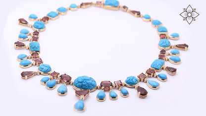 Luxury Hand Carved and Sleeping Beauty Turquoise 137ct Pink Tourmaline 64ct and Diamond 2.60ct Necklace in 18K Gold