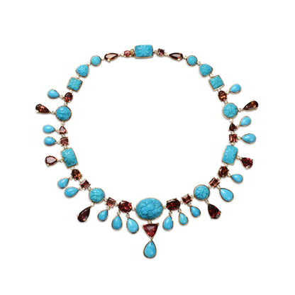 Luxury Hand Carved and Sleeping Beauty Turquoise 137ct Pink Tourmaline 64ct and Diamond 2.60ct Necklace in 18K Gold