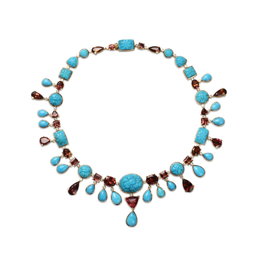 Luxury Hand Carved and Sleeping Beauty Turquoise 137ct Pink Tourmaline 64ct and Diamond 2.60ct Necklace in 18K Gold