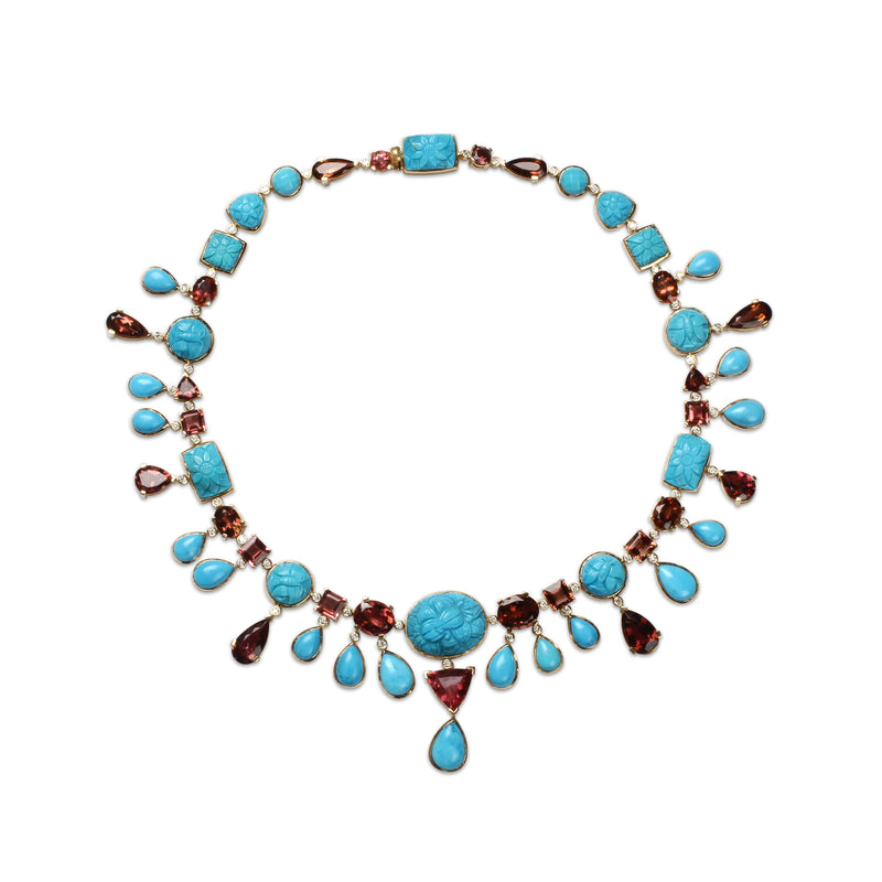 Luxury Hand Carved and Sleeping Beauty Turquoise 137ct Pink Tourmaline 64ct and Diamond 2.60ct Necklace in 18K Gold