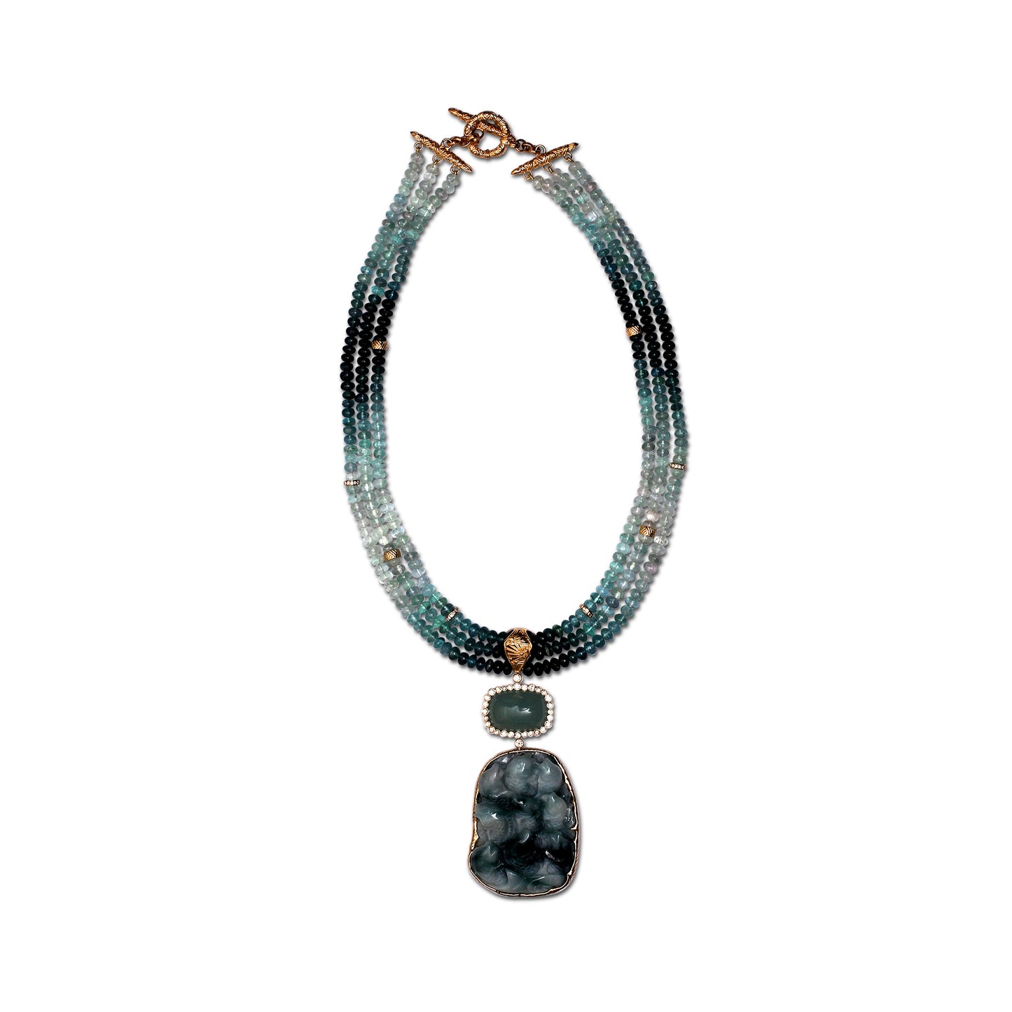 Luxury Vintage Hand Carved Jade Aquamarine Tourmaline Bead and Diamond 1.55ct Necklace in 18K Gold