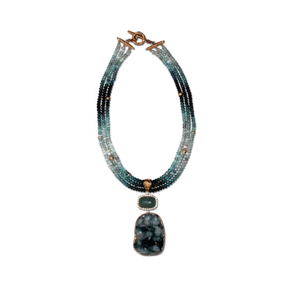 Luxury Vintage Hand Carved Jade Aquamarine Tourmaline Bead and Diamond 1.55ct Necklace in 18K Gold