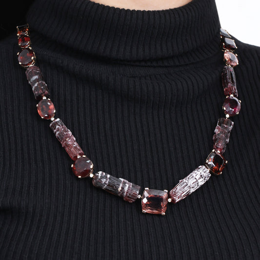 Luxury Faceted and Natural Formation Pink Tourmaline 300ct and Diamond 1.00ct Necklace in 18K Gold