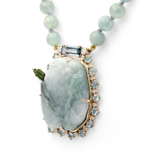 Luxury Vintage Hand Carved Jade 116ct Aquamarine 2.7ct Tourmaline 4.8ct Aquamarine Beads 170ct and Diamond 0.50ct Neckalce in 18K Gold