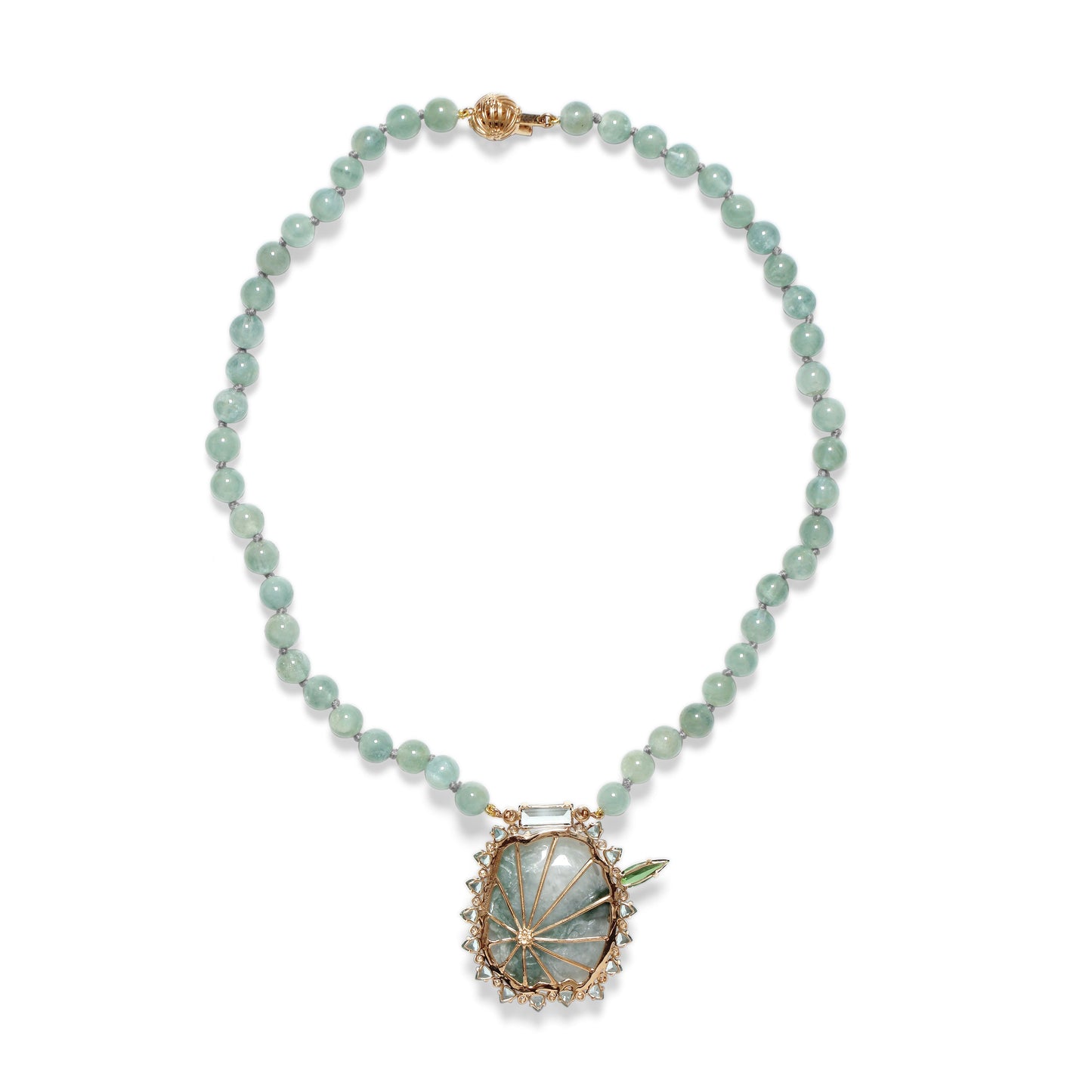 Luxury Vintage Hand Carved Jade 116ct Aquamarine 2.7ct Tourmaline 4.8ct Aquamarine Beads 170ct and Diamond 0.50ct Neckalce in 18K Gold