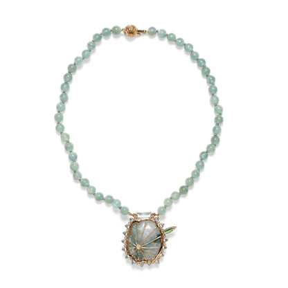 Luxury Vintage Hand Carved Jade 116ct Aquamarine 2.7ct Tourmaline 4.8ct Aquamarine Beads 170ct and Diamond 0.50ct Neckalce in 18K Gold