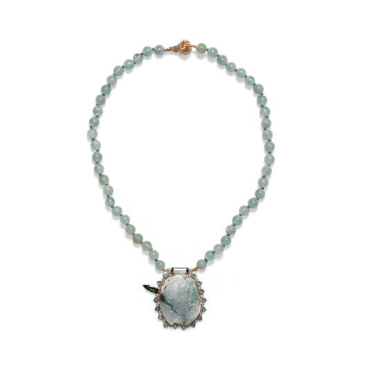 Luxury Vintage Hand Carved Jade 116ct Aquamarine 2.7ct Tourmaline 4.8ct Aquamarine Beads 170ct and Diamond 0.50ct Neckalce in 18K Gold
