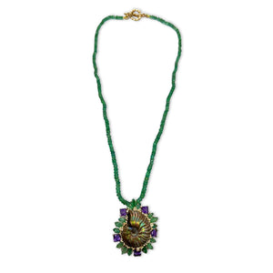Luxury Ammolite Emerald Amethyst Diamond and Emerald Bead Necklace in 18K Gold