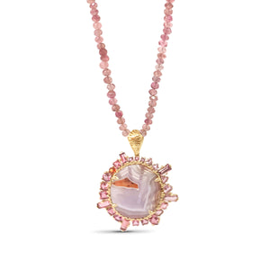Luxury Laguna Agate Pink Tourmaline Sapphire and Tourmaline Bead Necklace in 18K Gold
