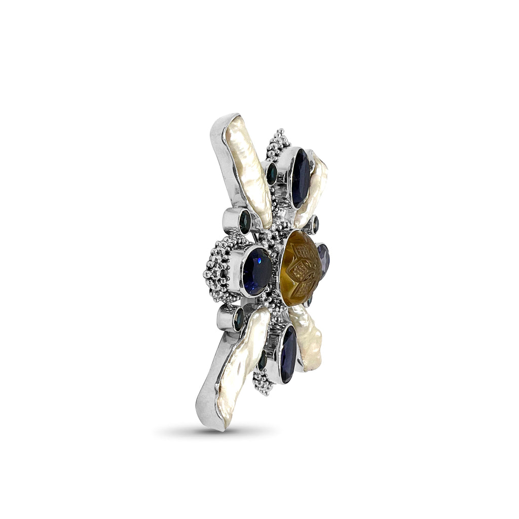 Luxury Iolite London Blue Topaz Natural Quartz Abalone and Pearl Pin in 18K Gold