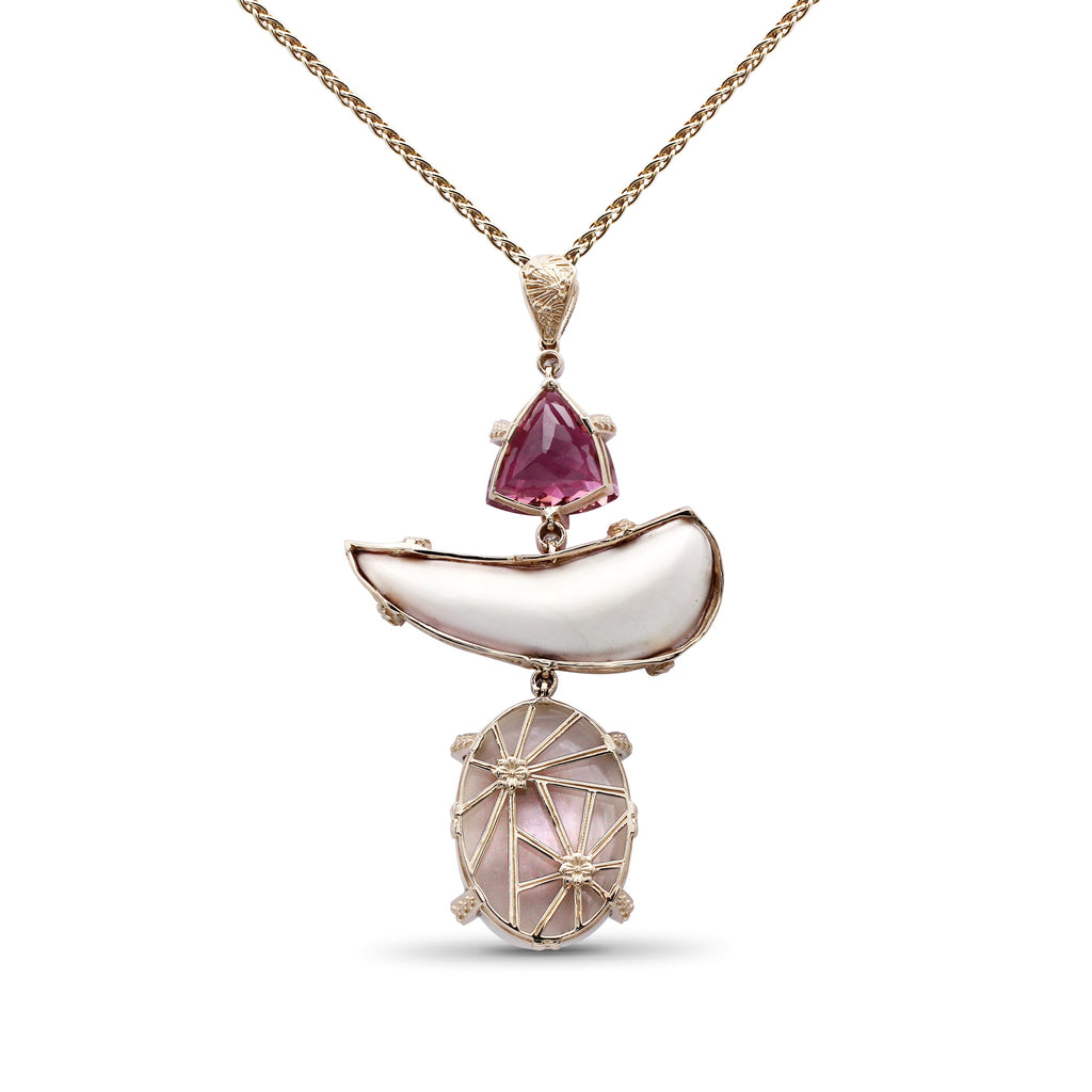 Luxury Pink Tourmaline 11.8ct Hand Carved Pink Opal 31.8ct Ethiopian Opal 25ct and Diamond 0.35ct Pendant in 18K Gold