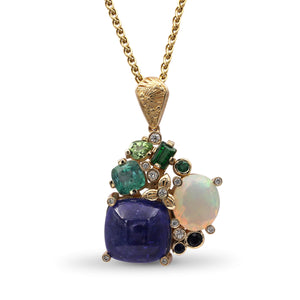 Luxury Tanzanite 17.2ct Opal 2.75ct Emerald 1.3ct Blue Sapphire Tsavorite Chrome Diopide and Diamond 0.20ct Pendant in 18K Gold