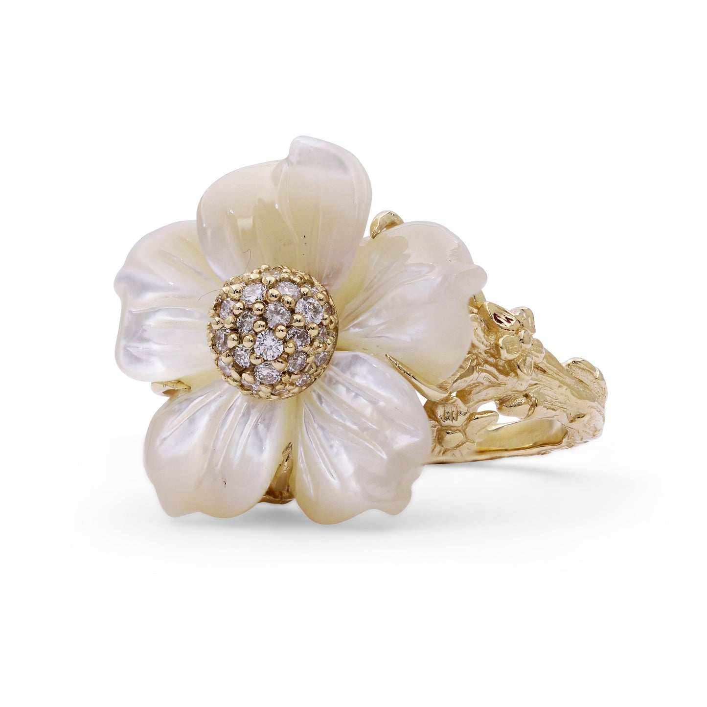 Luxury Hand Carved Mother of Pearl and Diamond 0.25ct Ring in 18K Gold