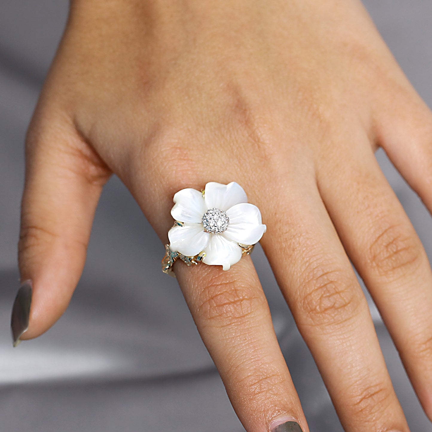 Luxury Hand Carved Mother of Pearl and Diamond 0.25ct Ring in 18K Gold