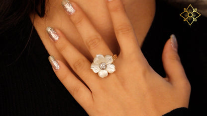 Luxury Hand Carved Mother of Pearl and Diamond 0.25ct Ring in 18K Gold