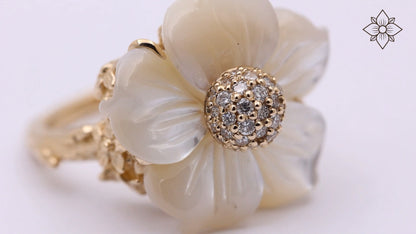 Luxury Hand Carved Mother of Pearl and Diamond 0.25ct Ring in 18K Gold