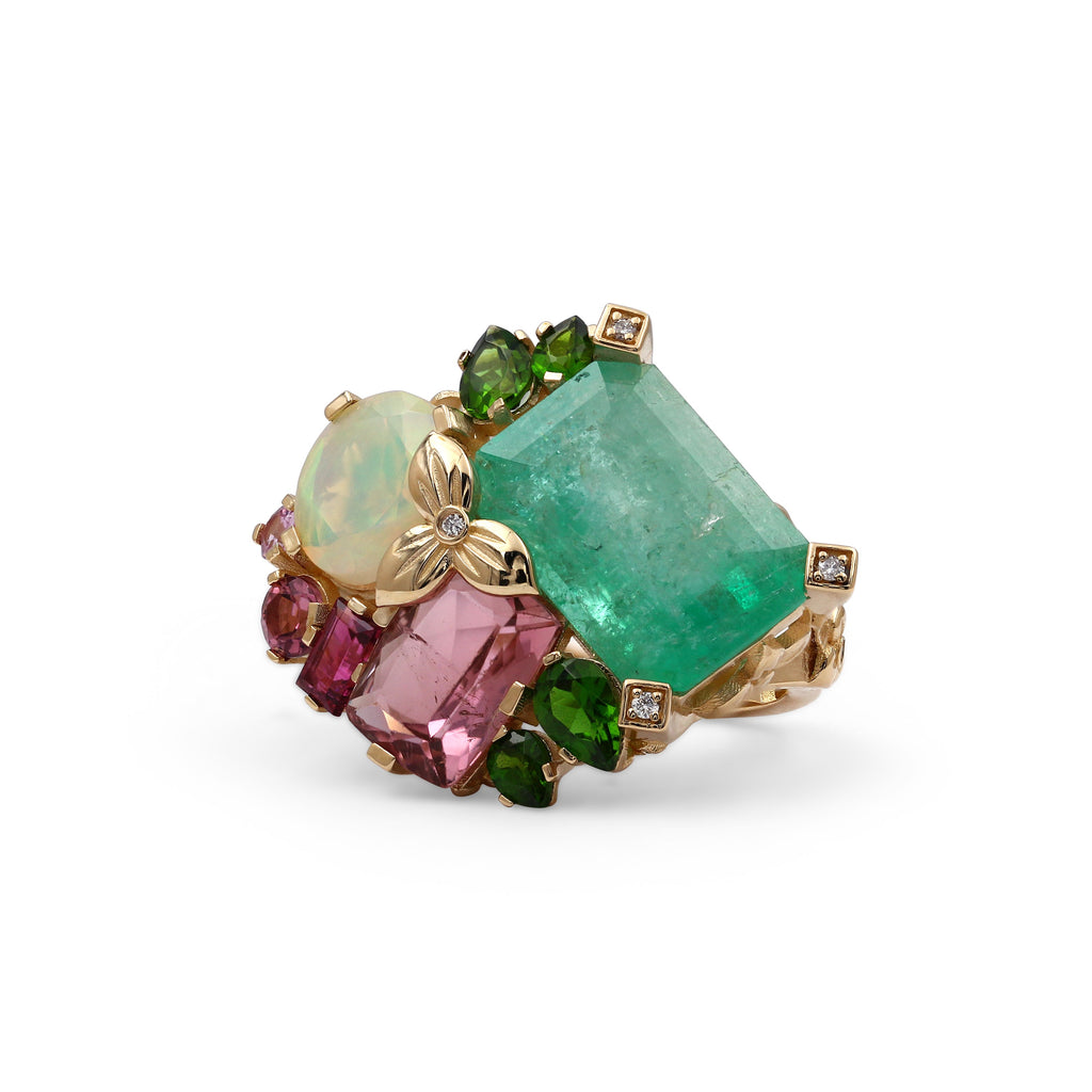 Luxury Colombian Emerald Pink Tourmaline Opal Rhodolite Garnet Chrome Diopside and Diamond Ring in 18K Gold